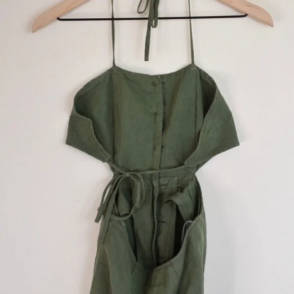 Urban Outfitters Halter Tie, Button-up, Midi, Linen Dress, Green, Size S - Picture 4 of 4